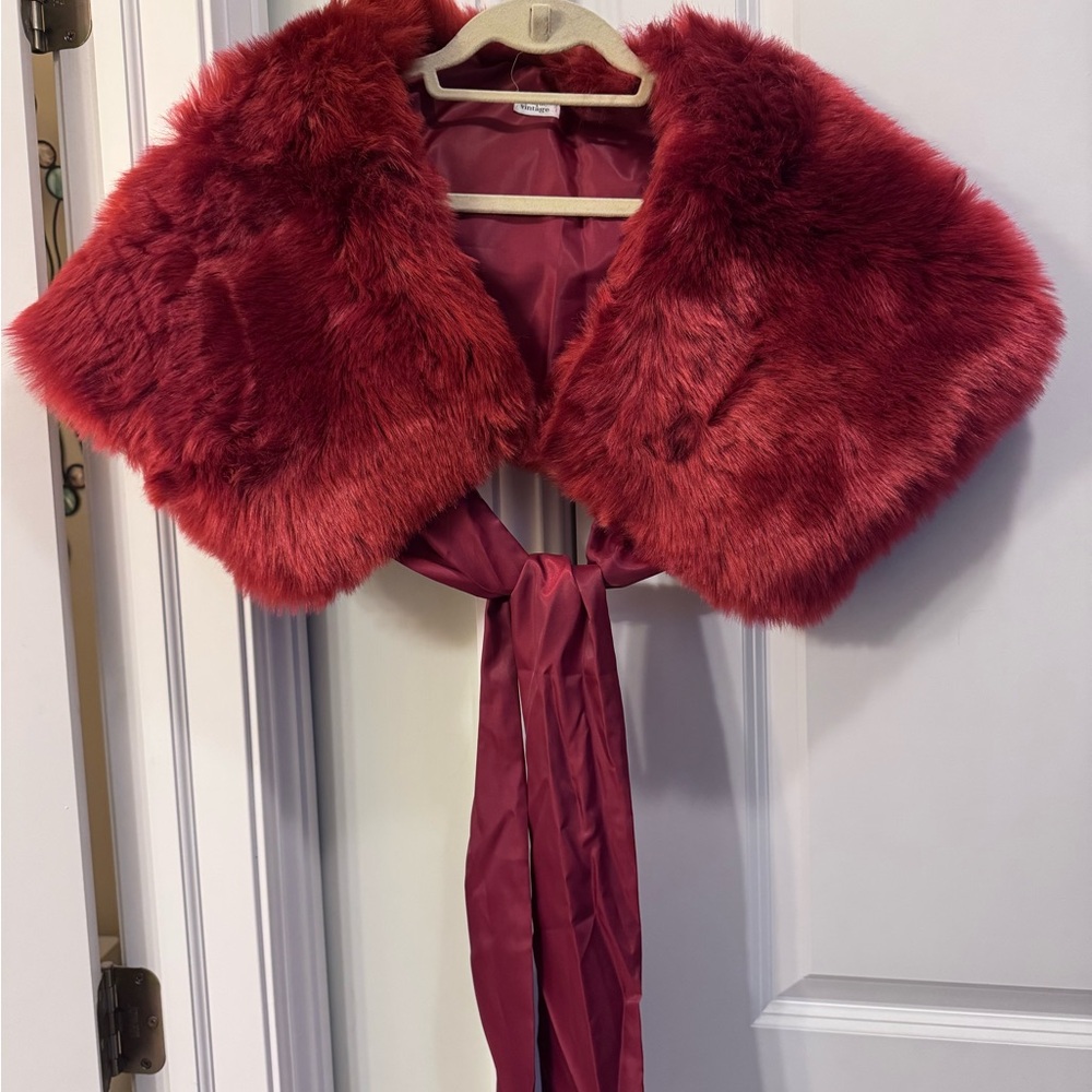 Unique Vintage Deep Red Faux Fur Capelet with Satin Ties
